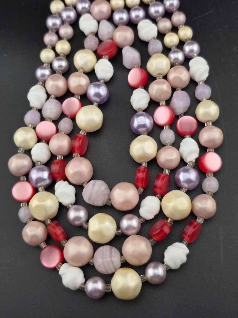 Pastel and Red Multi-Strand Beaded Necklace 16" Inch Length Japan - Picture 5 of 8